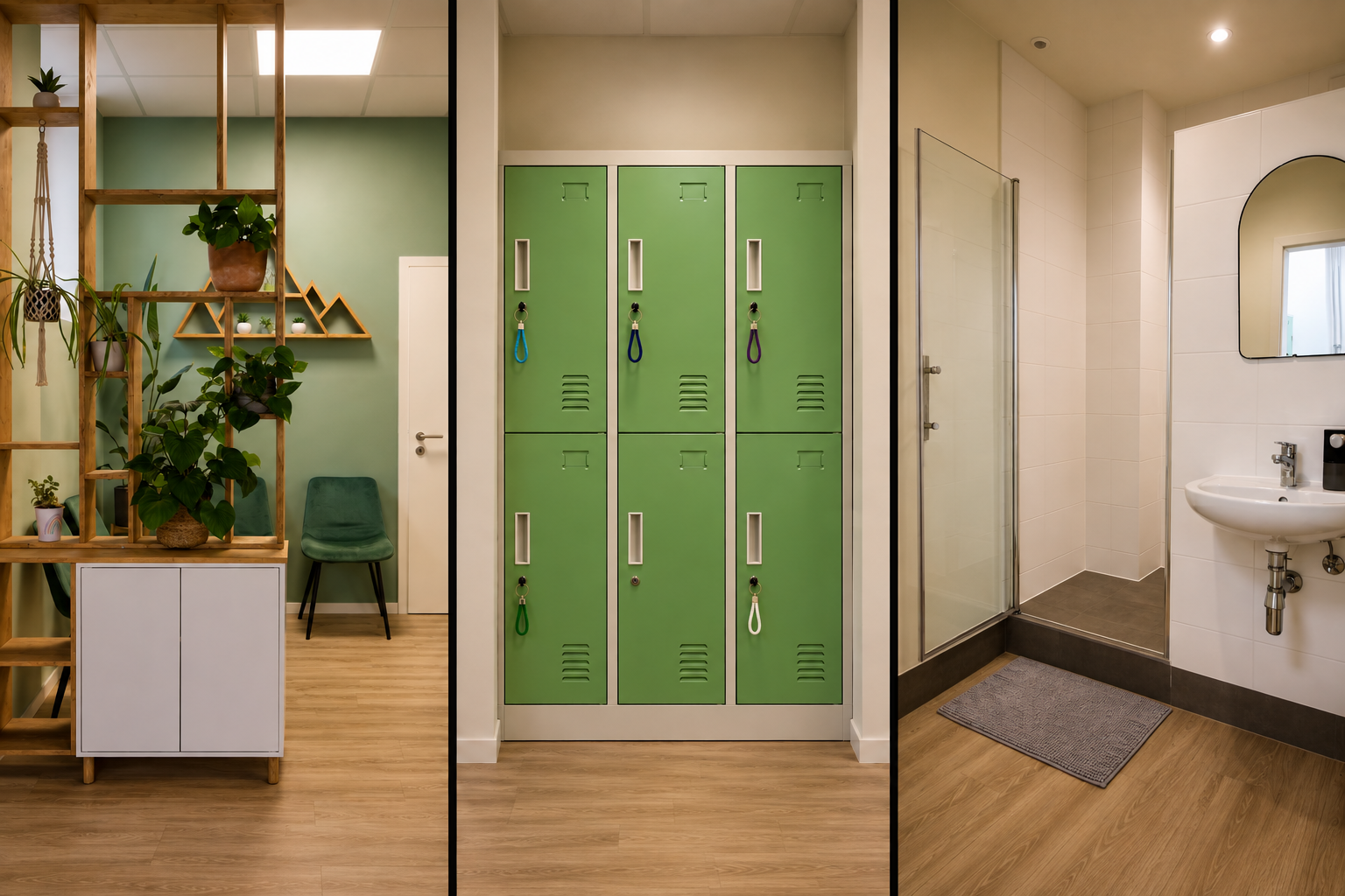 Accueil, vestiaires avec casiers et douche du studio Pilates DL Fitness à Plan-les-Ouates.