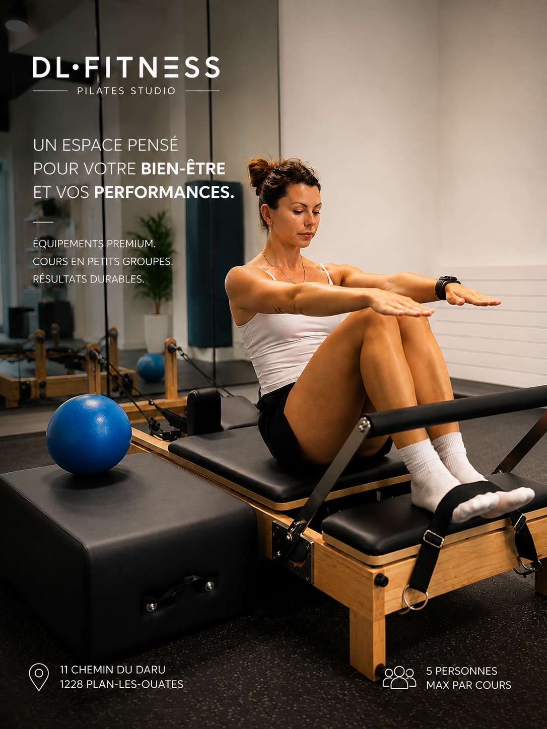 Séance de Pilates Reformer dans le studio DL Fitness à Plan-les-Ouates.
