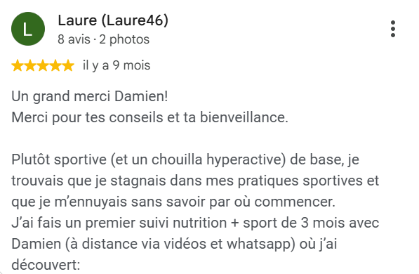 Avis client DL Fitness sur le suivi sportif et nutritionnel personnalisé.