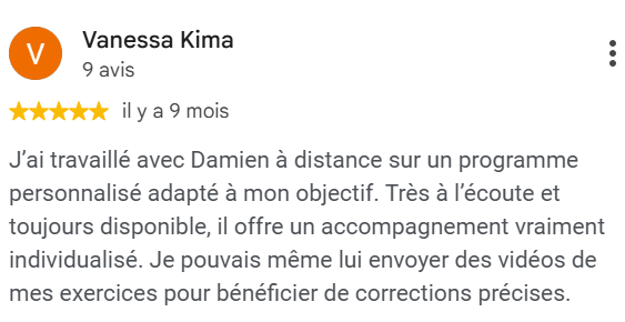 Avis client sur l'accompagnement à distance DL Fitness et la personnalisation du programme d'entraînement.