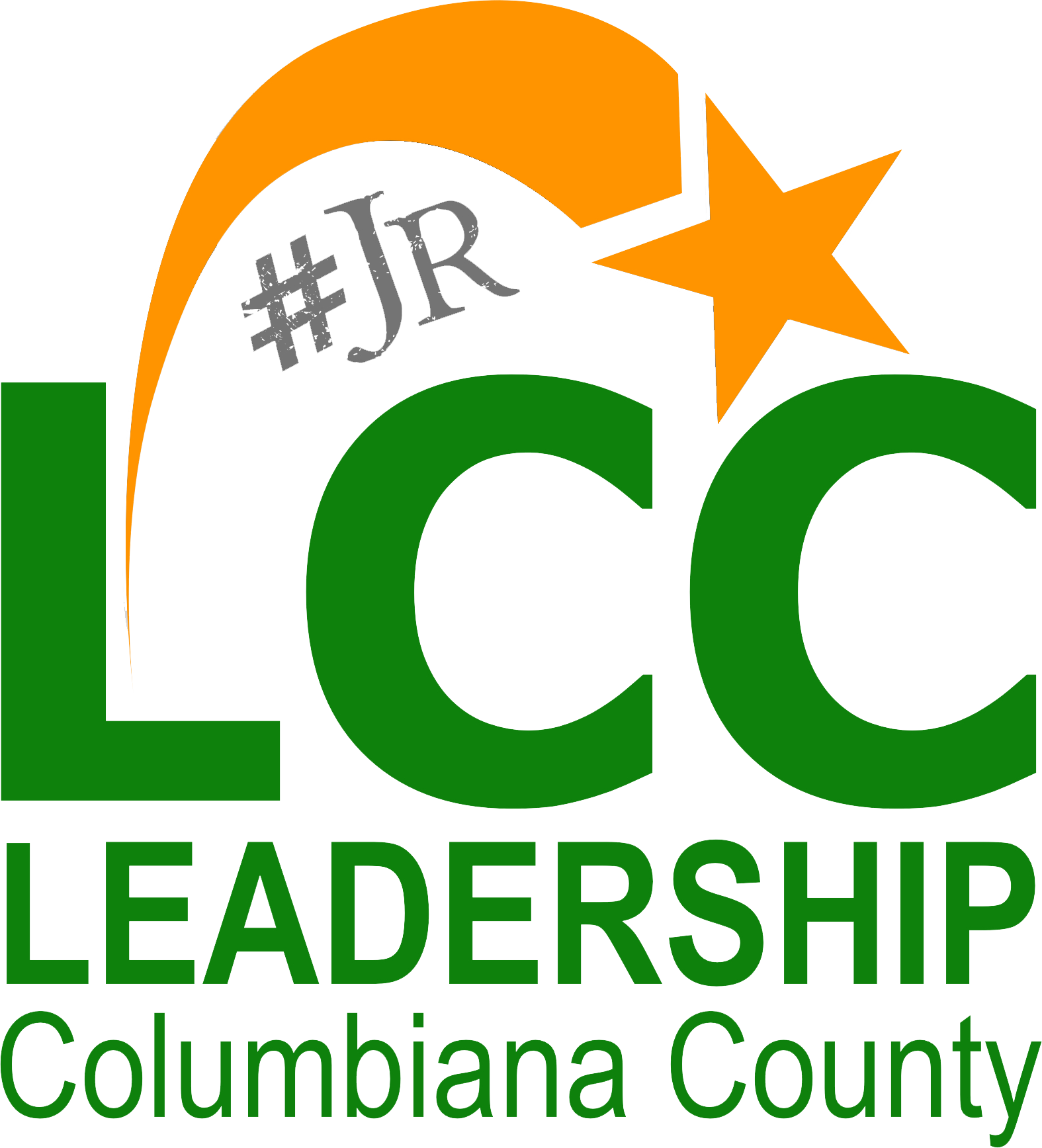 Logo for LCC Leadership Columbiana County featuring a black background with green, orange, and gray text and design elements, including an orange star and a hashtag #JJR.