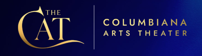 Logo of The Cat Columbiana Arts Theater on a dark blue background.