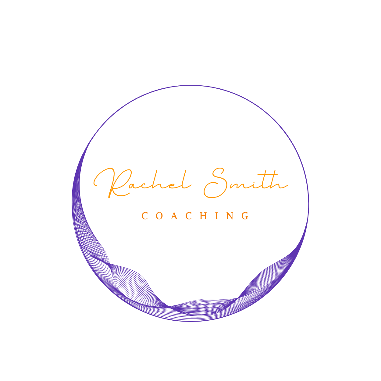 Logo for Rachel Smith Coaching featuring a black background, a purple circular wave design, and orange text with 'Rachel Smith' in cursive and 'COACHING' in uppercase.