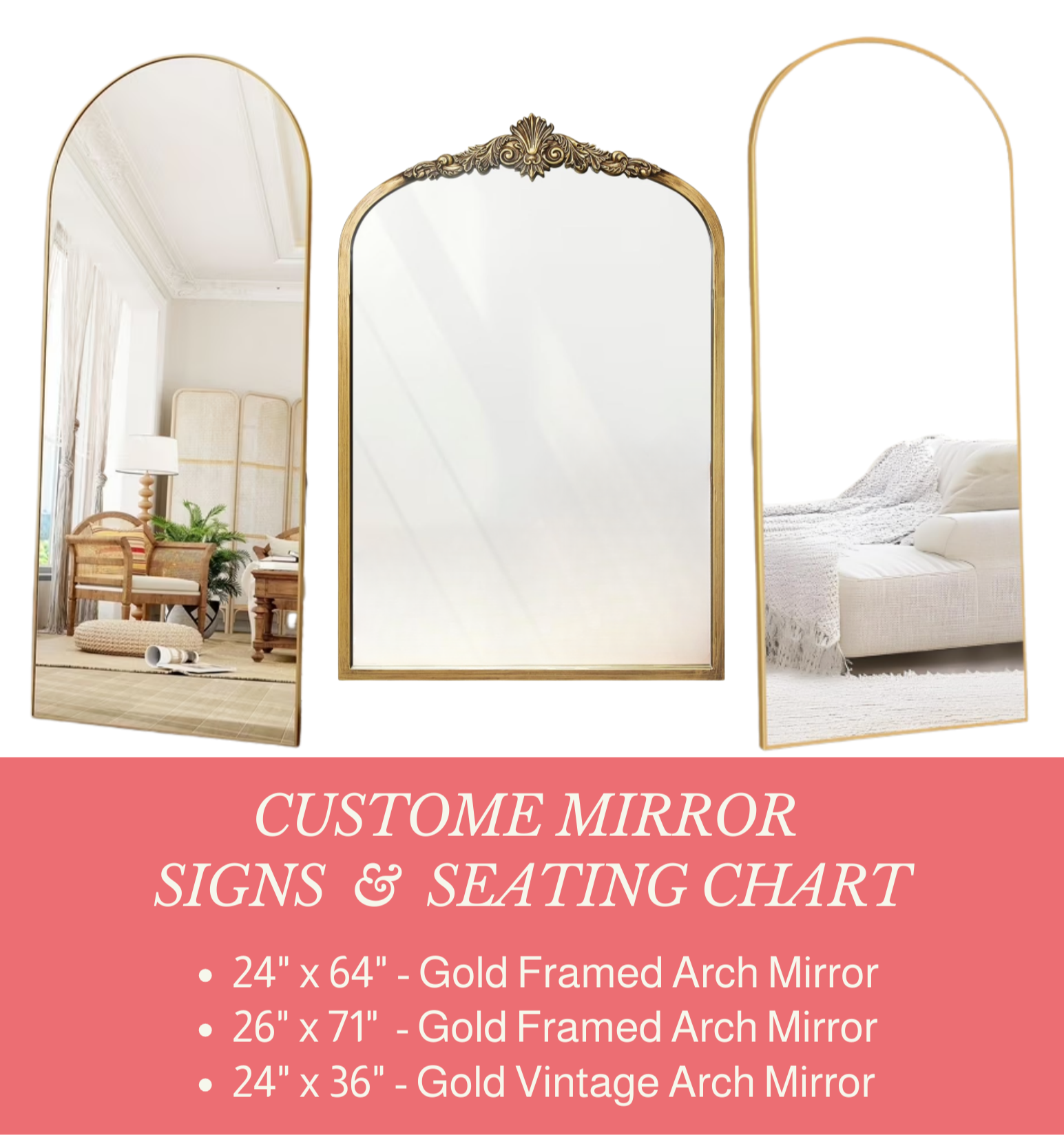 Three gold-framed arch mirrors on a wall, each reflecting different parts of a room with furniture and decor. Customized for welcome or seating charts