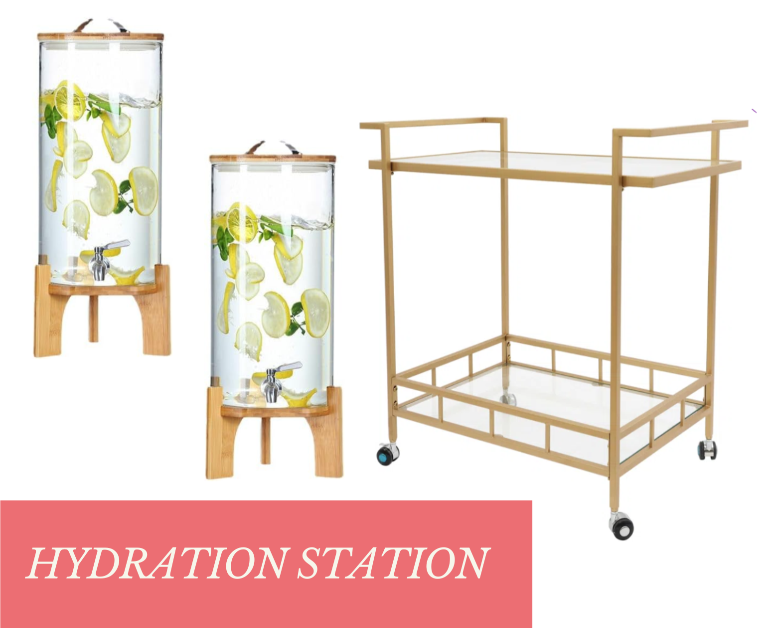 Two glass hydration stations with wooden stands and a wheeled beige metal rack frame, labeled "Hydration Station" in a pink banner.