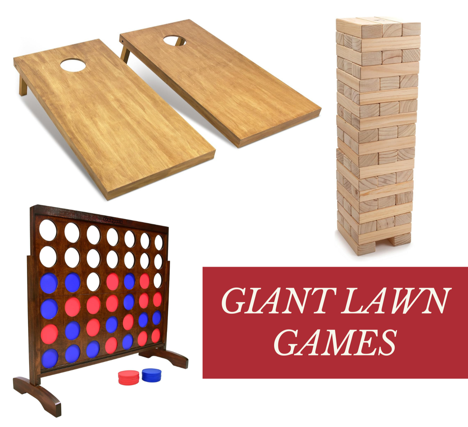 Giant lawn game set including wooden cornhole boards, oversized Jenga tower, and giant Connect Four game with red and blue discs, with the text 'Giant Lawn Games' on a red background.