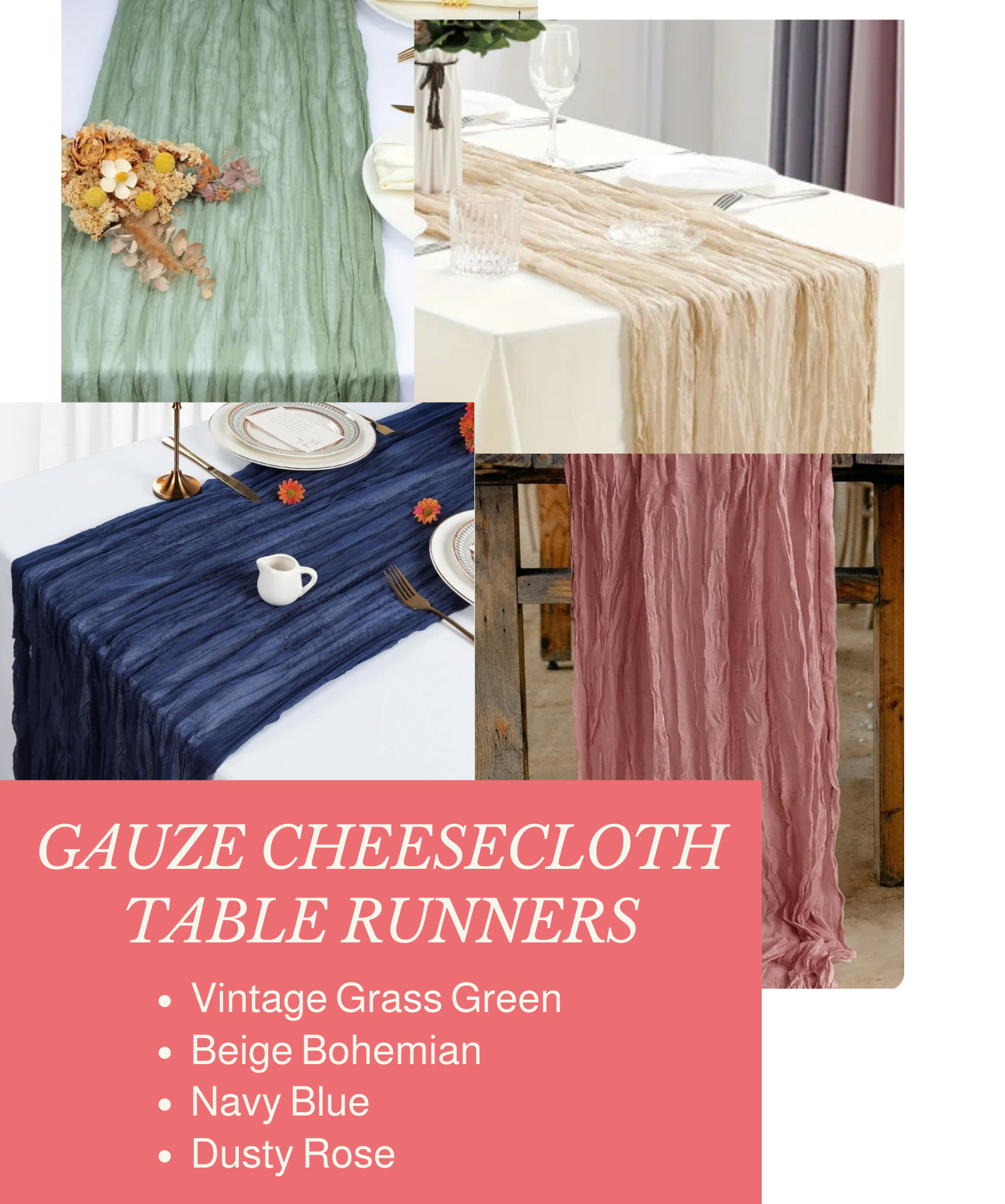 Collage of four tables with gauze cheesecloth table runners in different colors: vintage grass green, beige bohemian, navy blue, and dusty rose, with accompanying table settings and floral arrangements. Promotional text overlay for gauze cheesecloth 
