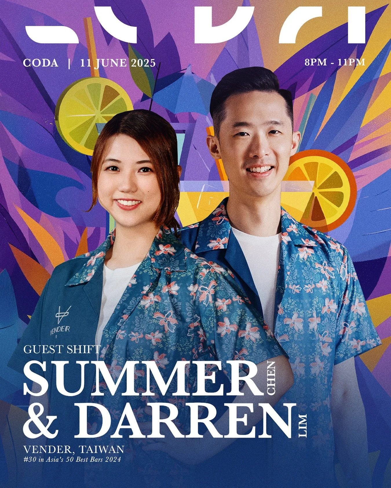 CODA welcomes Summer Chen and Darren Lim [@bibisummer1026 @limbigman] &mdash; the award-winning duo behind Taiwan&rsquo;s Vender Bar [@venderbar] ranked No.30 on Asia&rsquo;s 50 Best Bars and named Taiwan&rsquo;s Best Bar 2024 &mdash; for a one-night