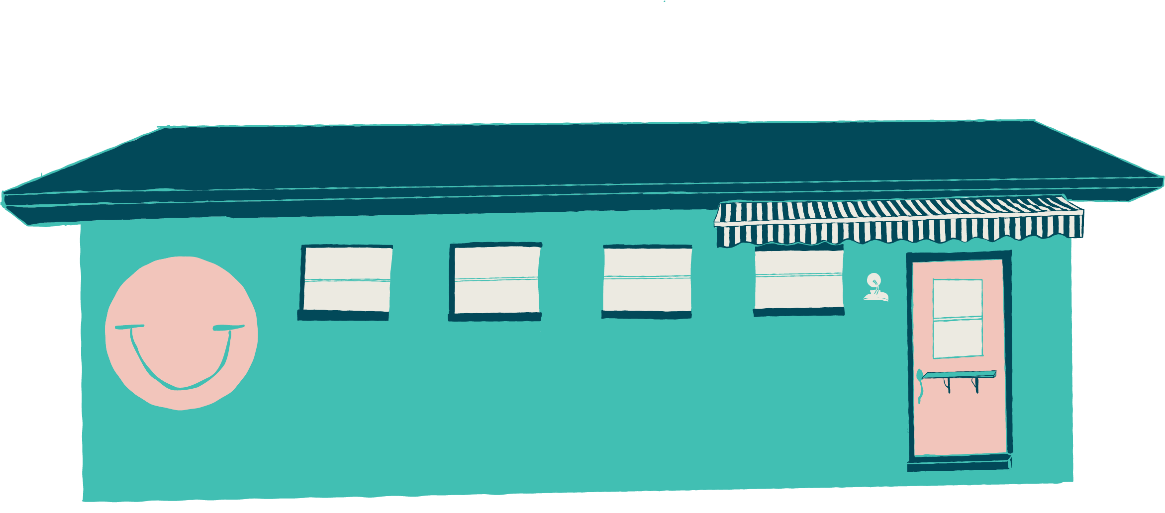 Illustration of a Summit Creamery building with a pink door, and a striped awning, featuring a large smiley face on the wall.