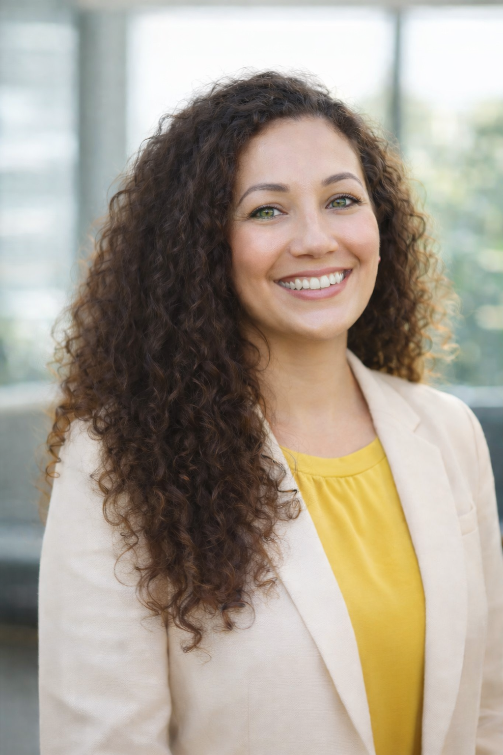A woman with long curly brown hair smiling, wearing a yellow top and a beige blazer, standing indoors near large windows.