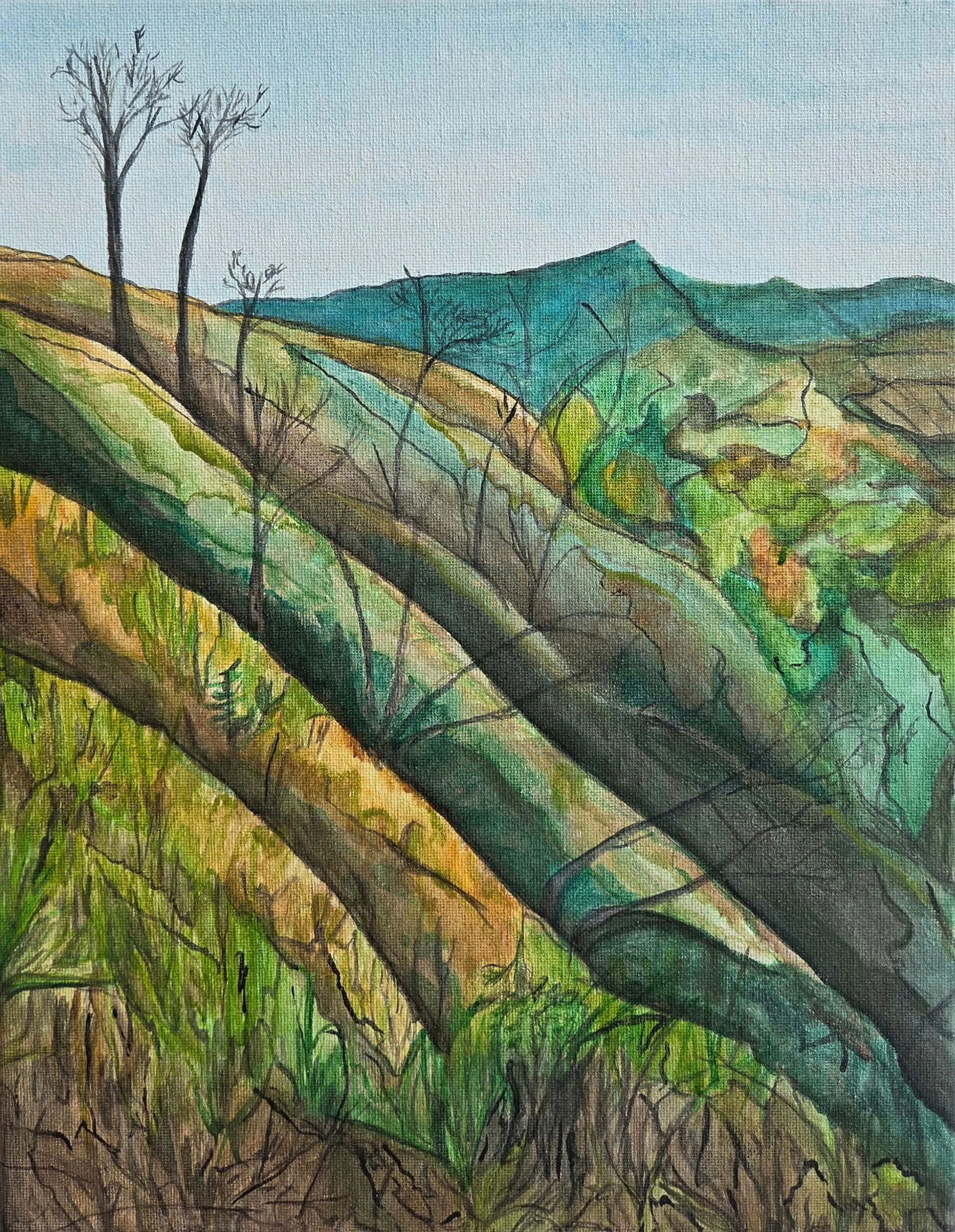 "Loess Hills (the Hike)", 2024, ink on canvas, 14" x 11"