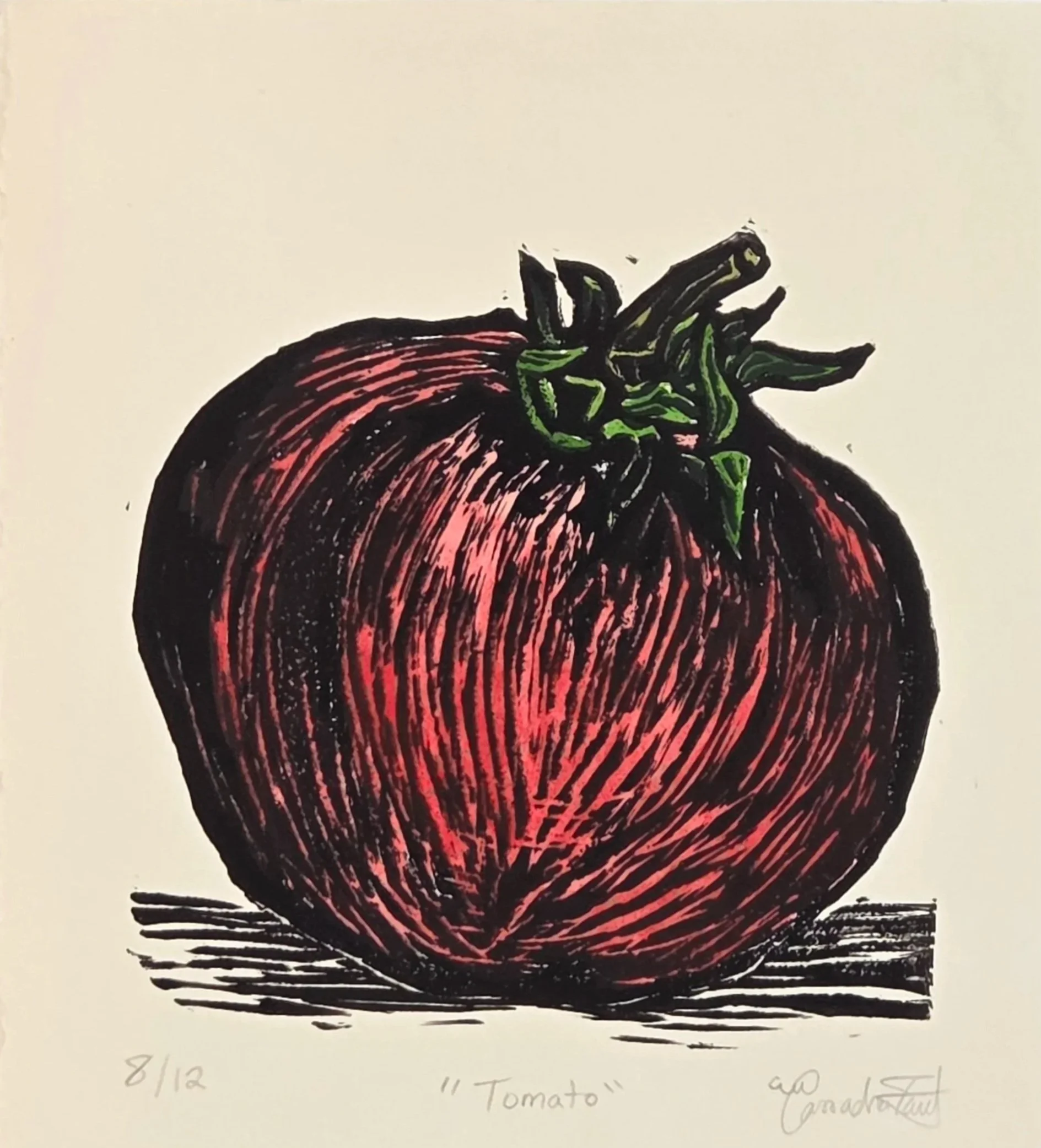 "Tomato", 2025, hand painted linocut, 5" x 6"