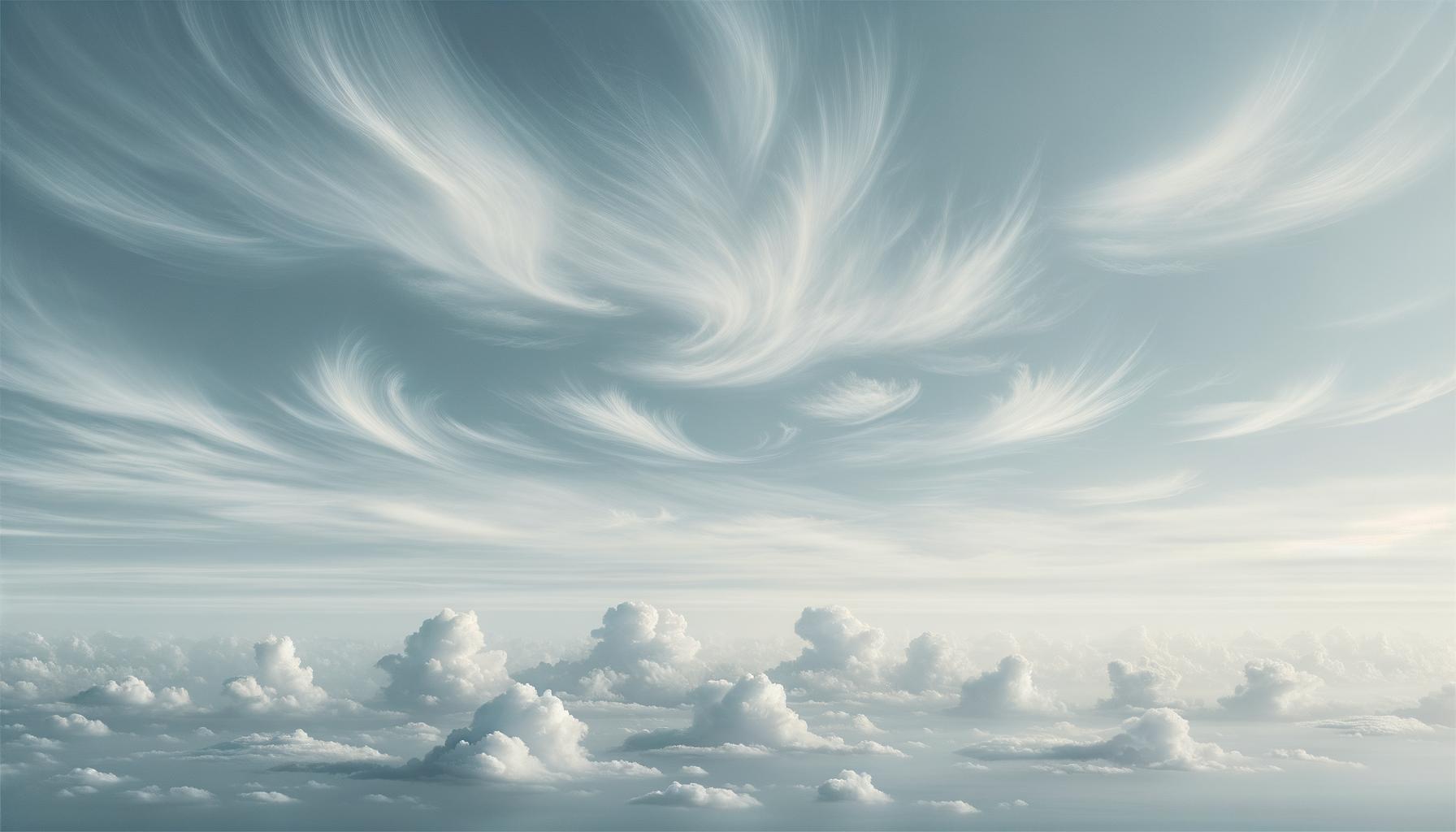 Clouds with wispy, feather-like formations in a clear sky.