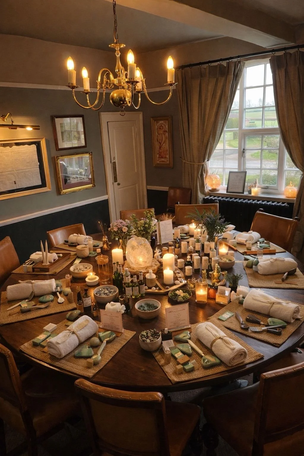 A dining room decorated for a spa-themed event with a round table, rolled towels, bottles, candles, and plants, illuminated by a chandelier and candles near a window.