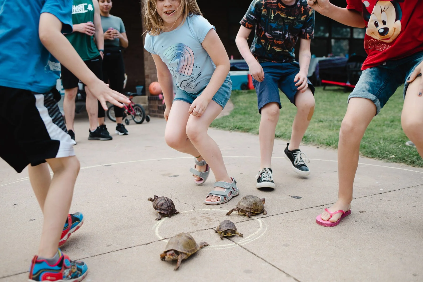 Children playing hopscotch with small turtles on a concrete sidewalk in a backyard.