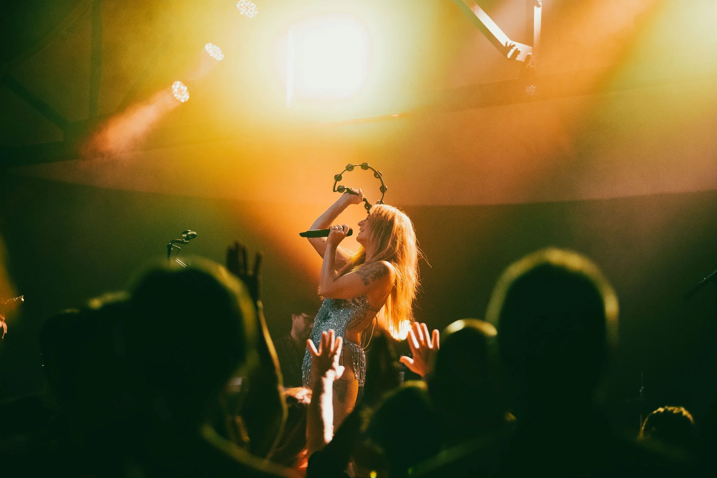 A female singer with long blonde hair performing on stage with a microphone in hand, surrounded by crowd with hands raised. Lighting creates an warm, colorful atmosphere.