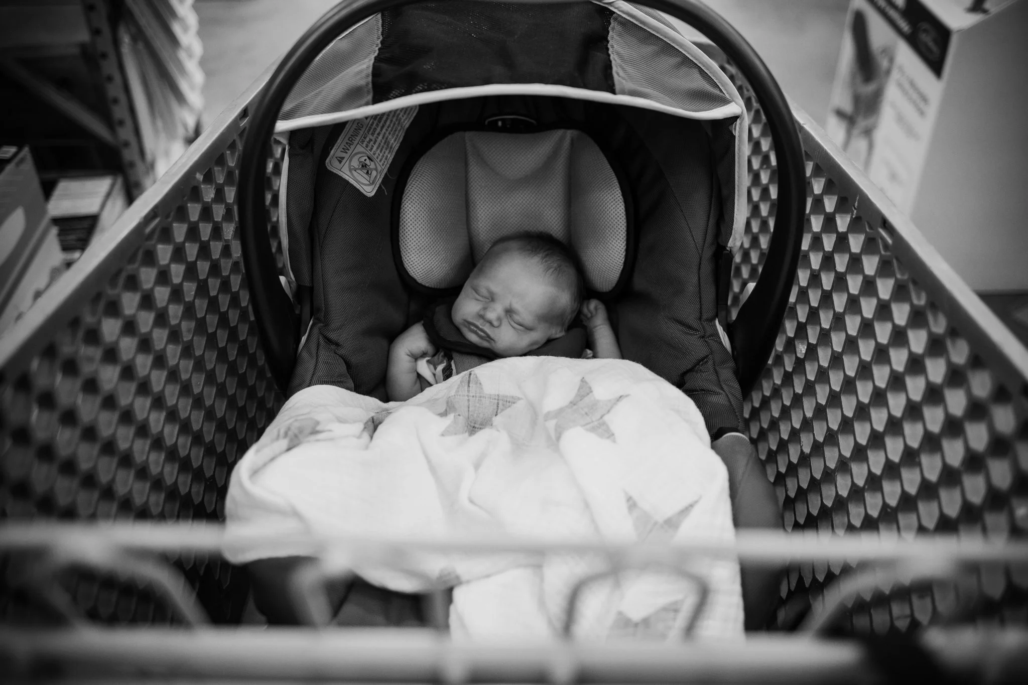 Newborn baby in shopping cart