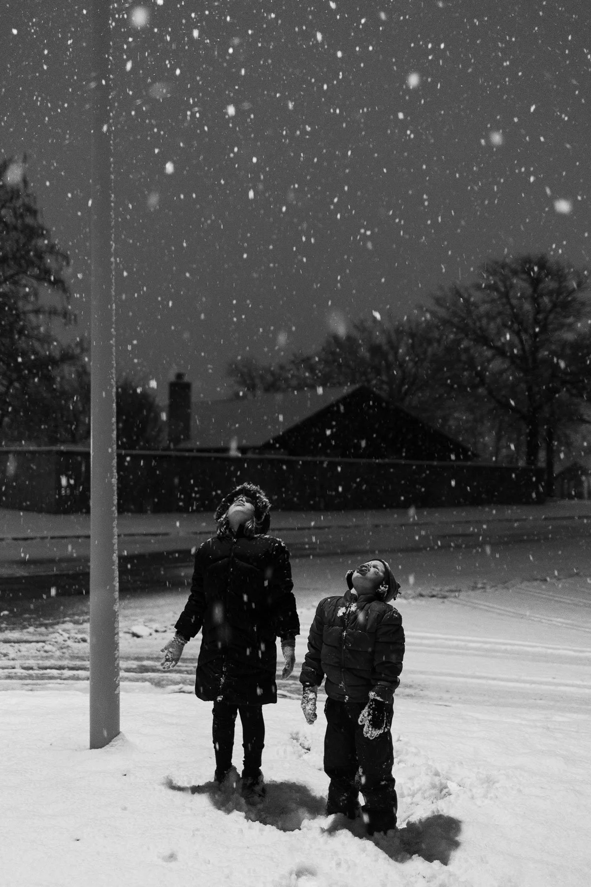 Two children in winter clothing standing in a snowy outdoor area at night, looking up at falling snow with trees and a house in the background.