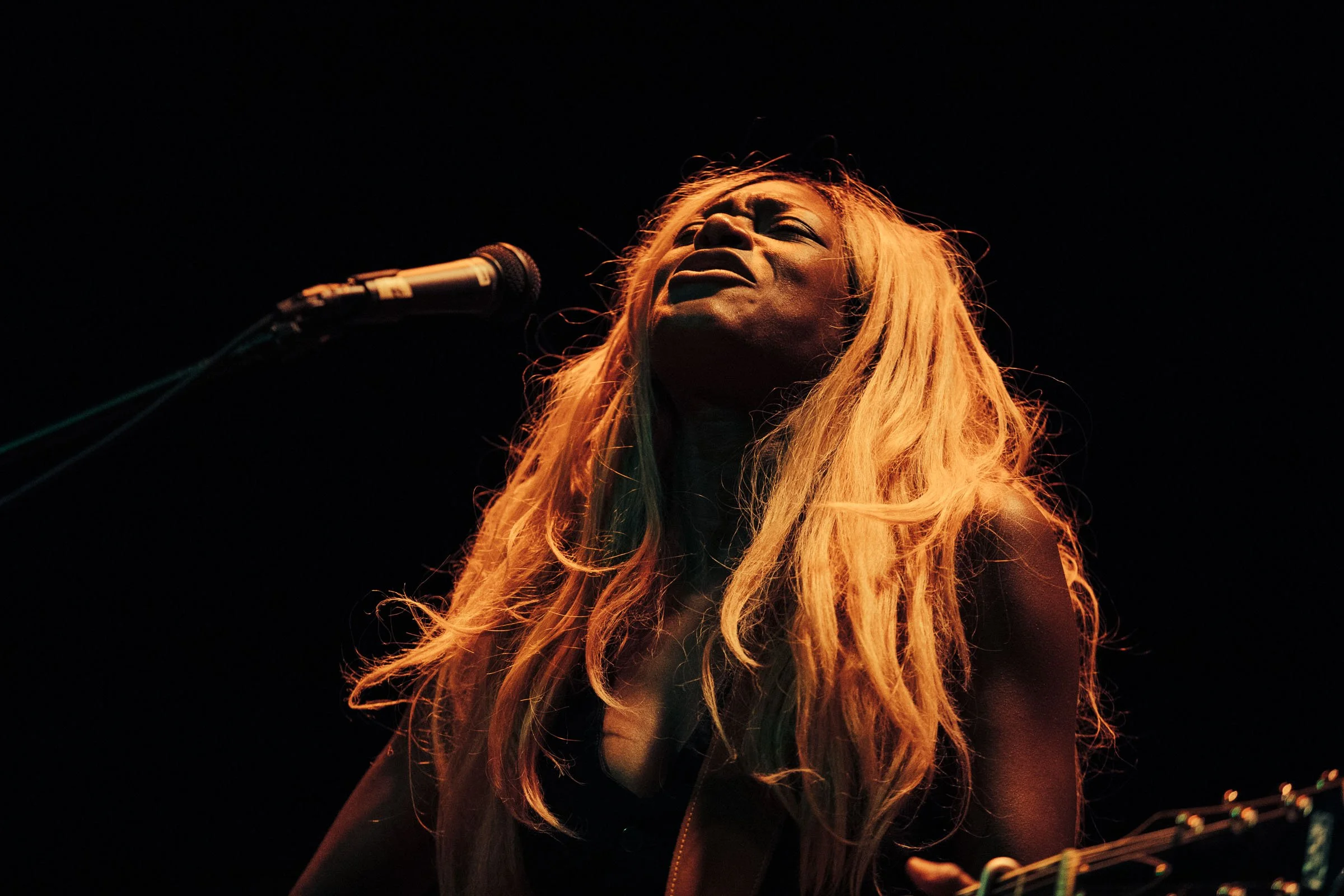 A woman with long, blonde hair singing into a microphone on stage, illuminated by warm stage lights against a dark background.