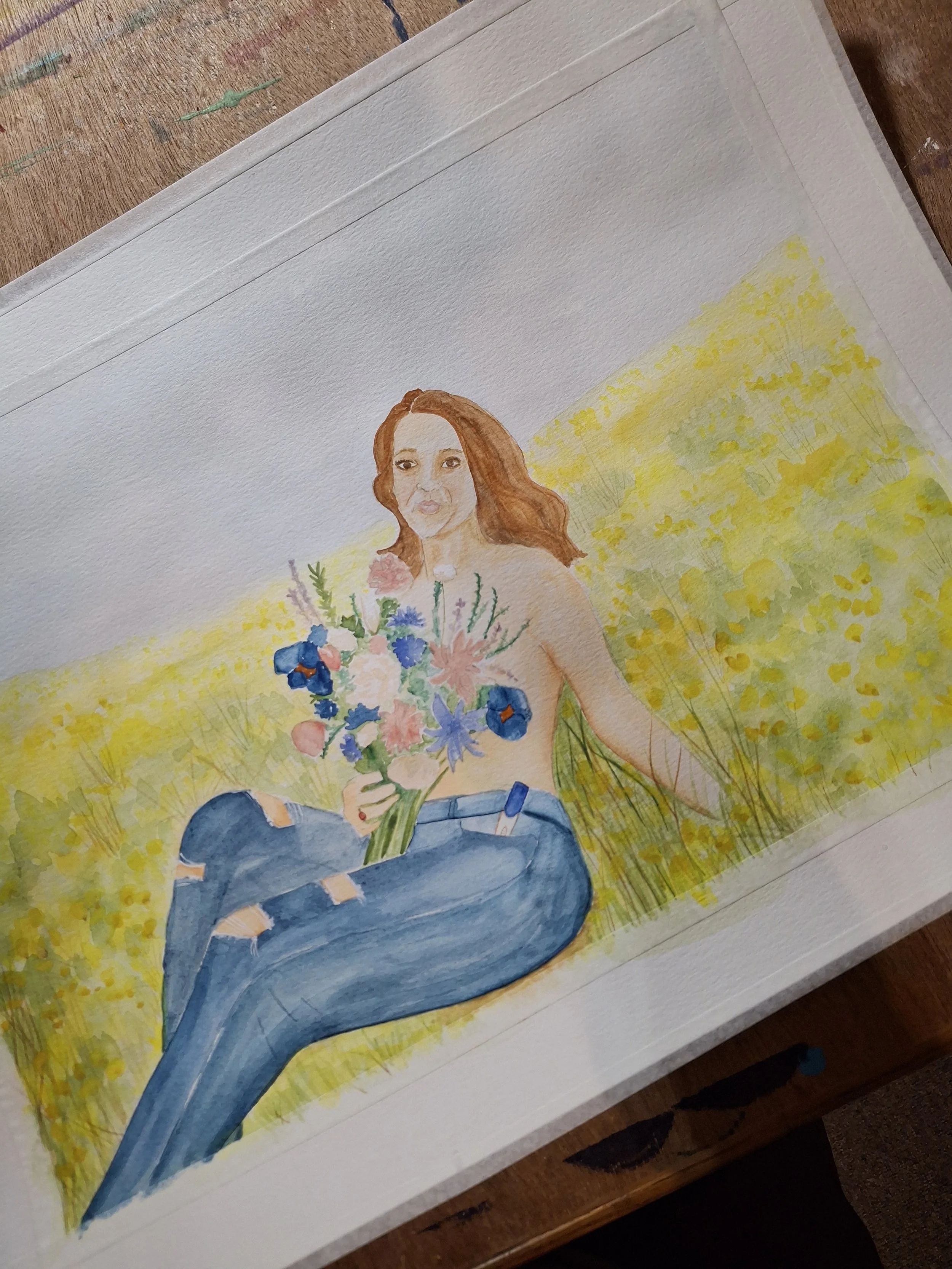 Painting of a bride and groom standing outdoors on a rock, with the groom leaning down to kiss the bride, surrounded by green trees and mountains in the background.