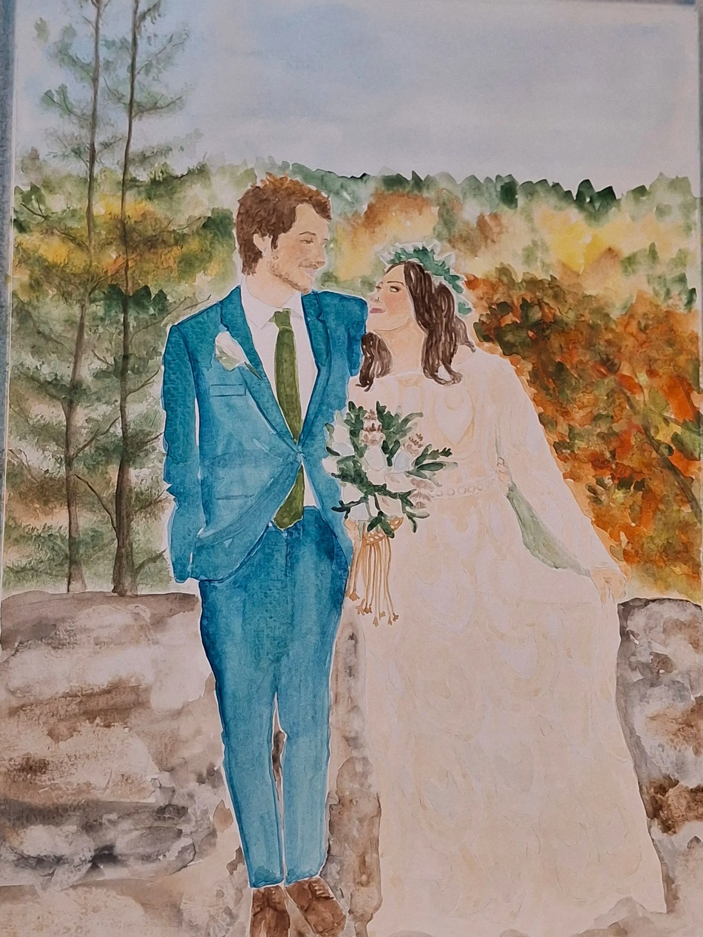 A watercolor painting of a bride and groom sharing a dance inside a rustic barn with large open doors, surrounded by trees and greenery outdoors.