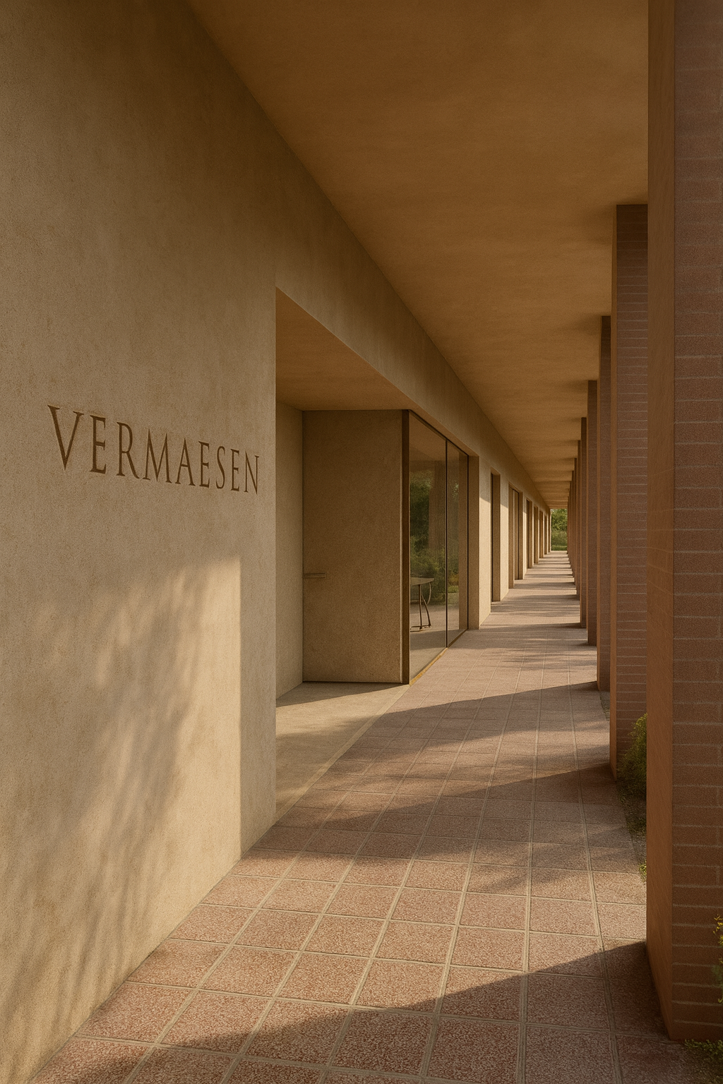 Een lange, overdekte gang met een betonnen muur met de naam 'VERMAENS' en ramen die uitzicht bieden op een groene tuin.