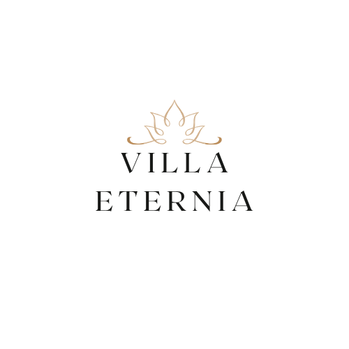 Logo met een gouden lijnen bloem en de woorden 'VILLA ETERNIA' eronder.