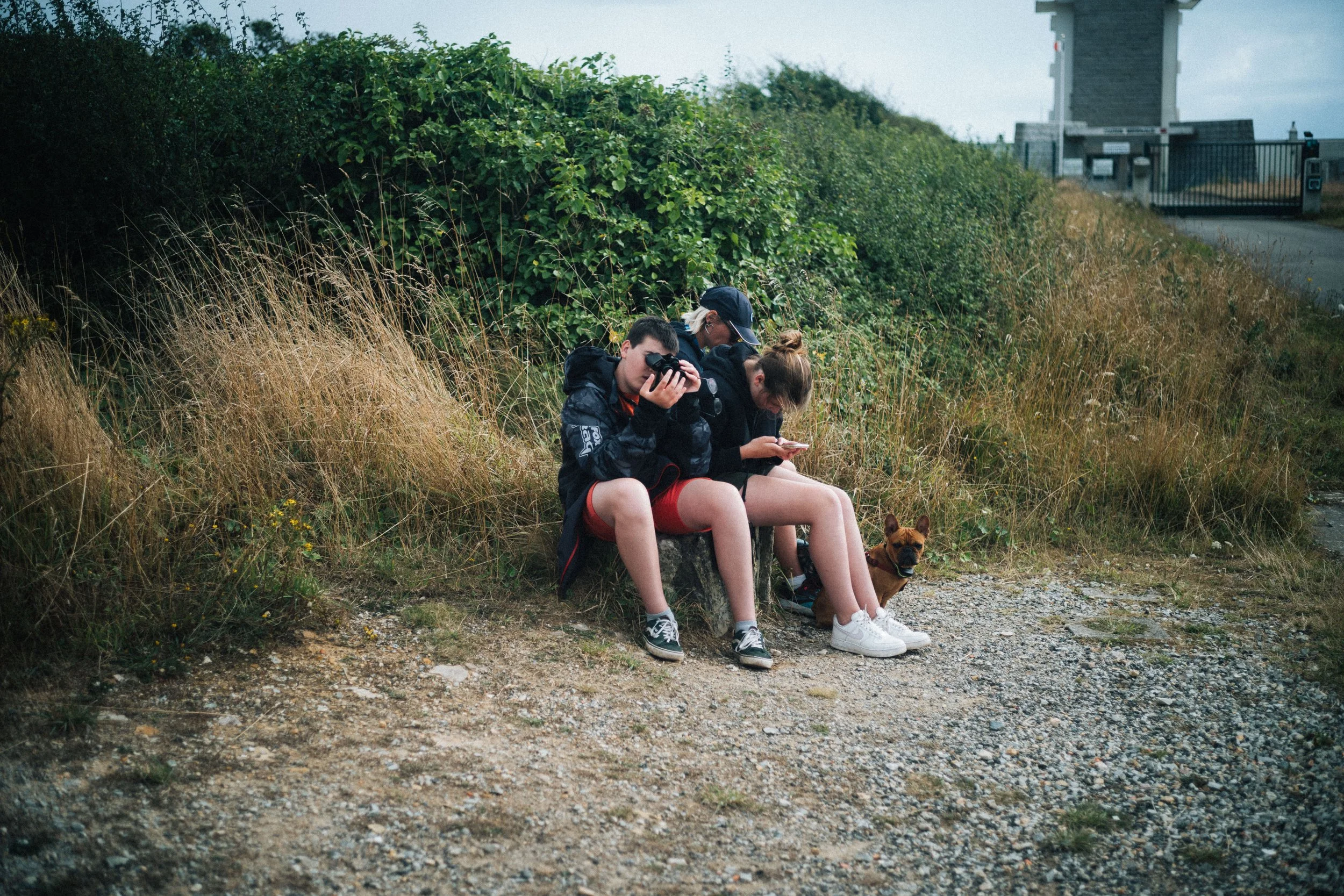 Two children sitting on a rock by the roadside, both using their phones, with a dog at their feet. One child is looking through binoculars.