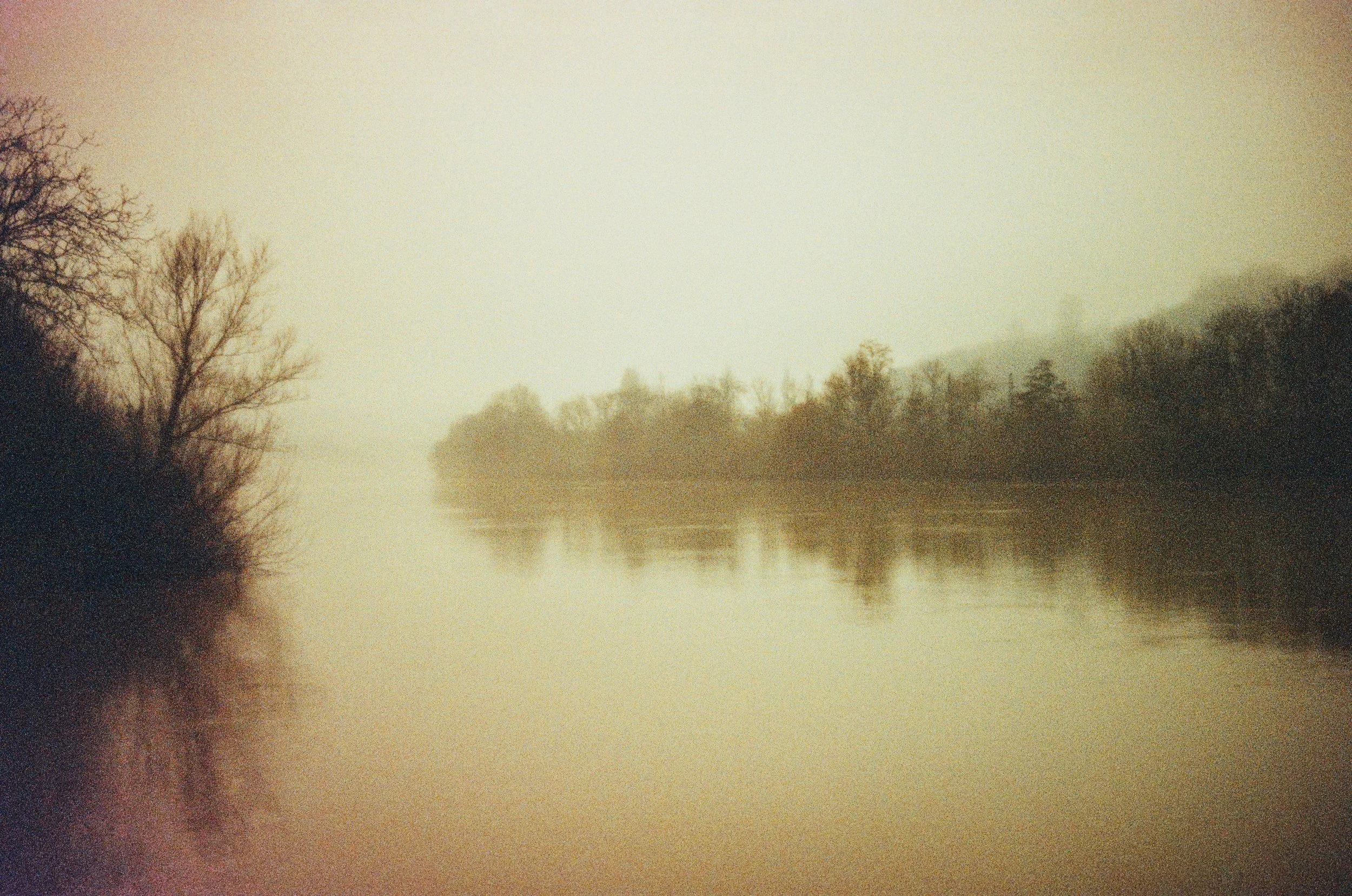 A foggy river scene with leafless trees on both banks, reflecting in the calm water, creating a misty, atmospheric landscape.