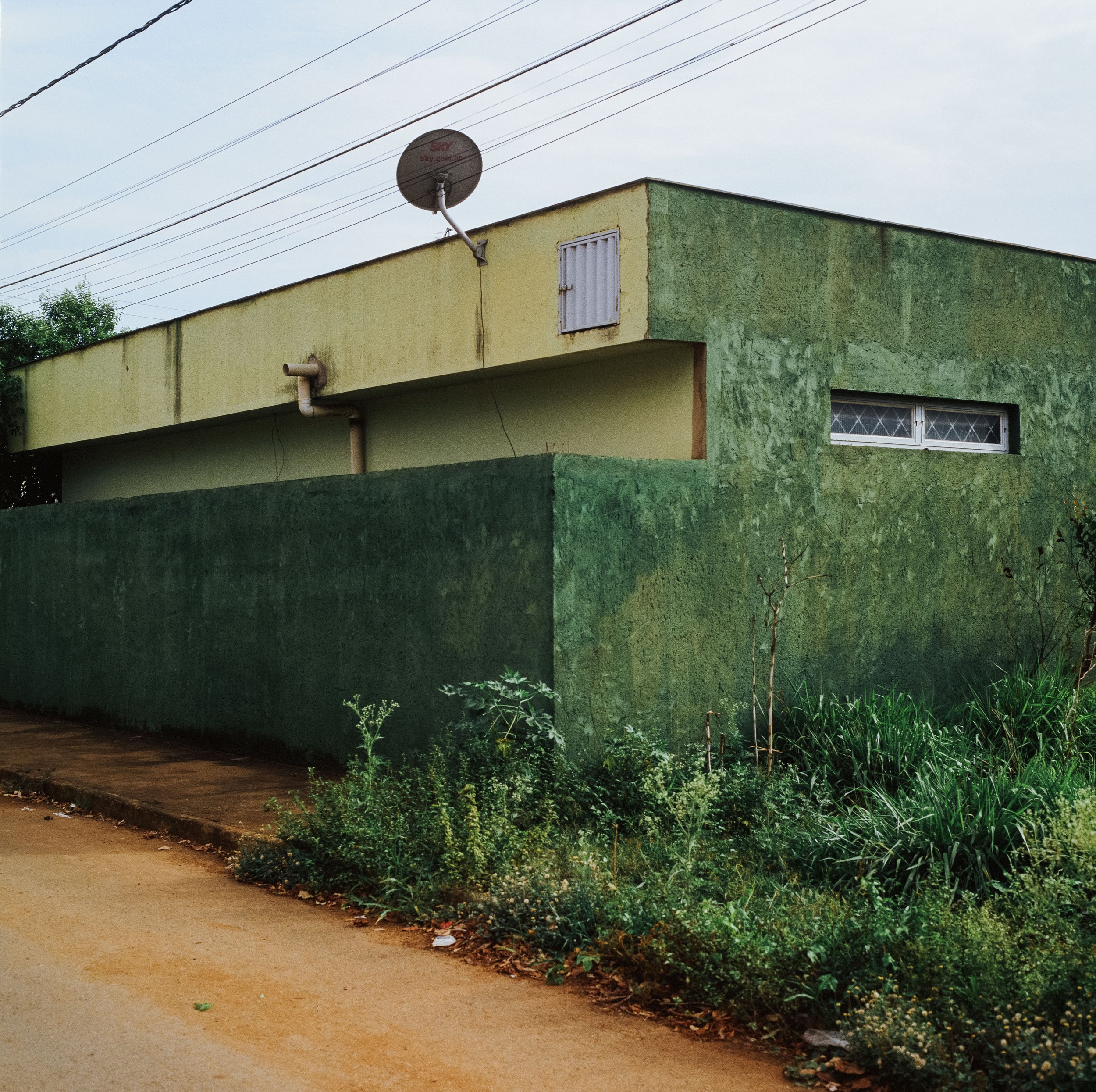 A green and yellow building with a satellite dish on the roof, a small window, and some overgrown plants and weeds in front.