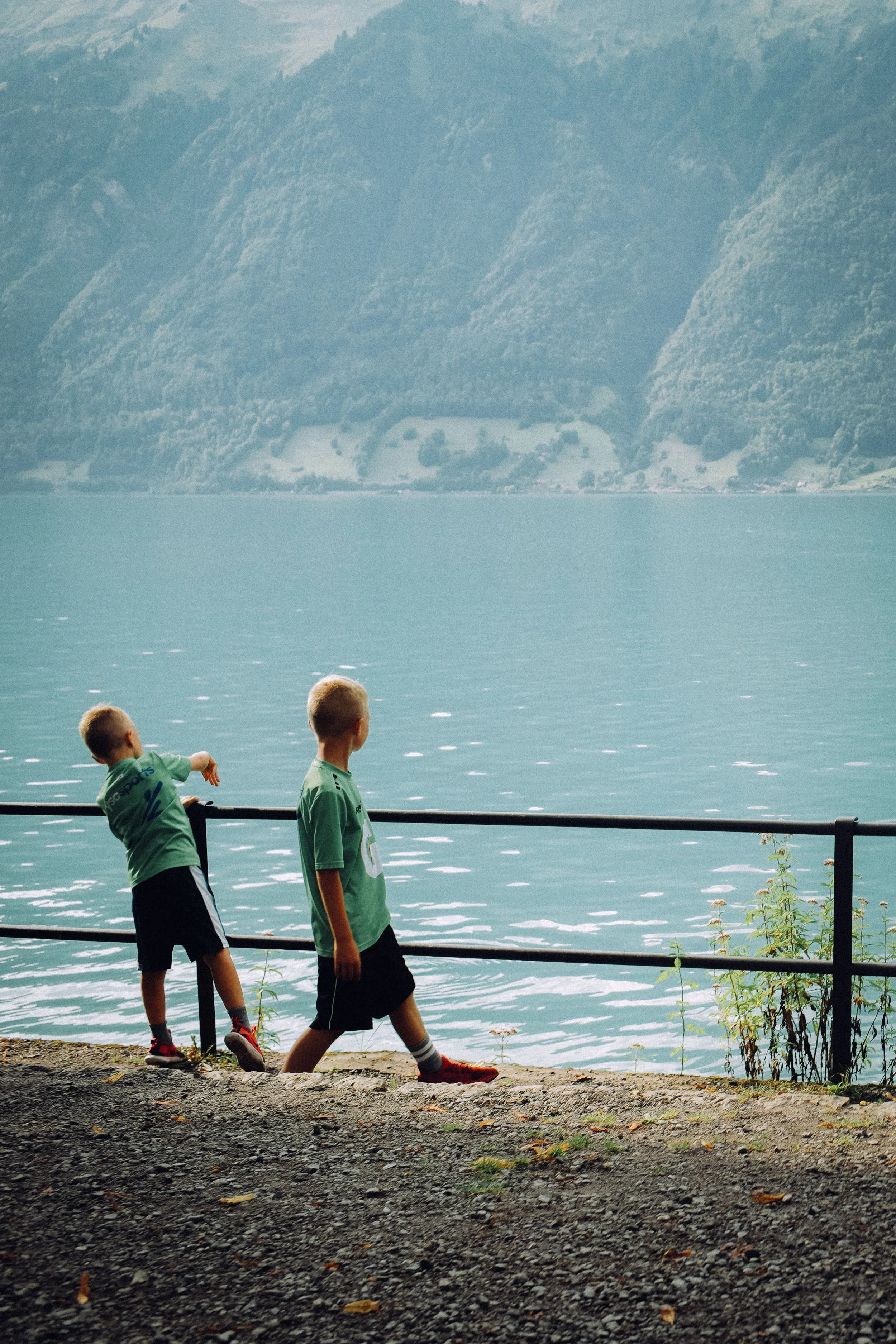 Two young boys walking along a lakeside path with a black metal railing, overlooking a body of water with mountains in the background.