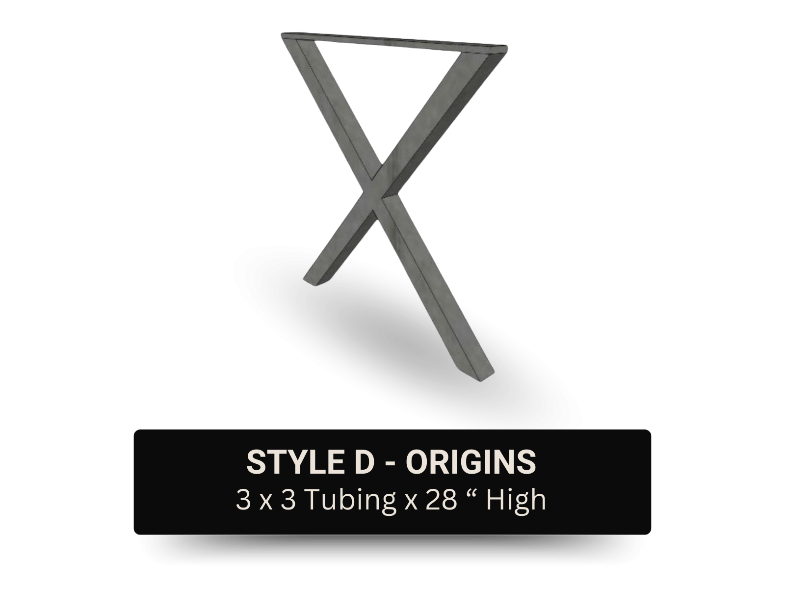 A modern black stand with three tubular legs and a triangular top, labeled 'Style D - Origins' with dimensions 3 x 3 tubing and 28 inches high.