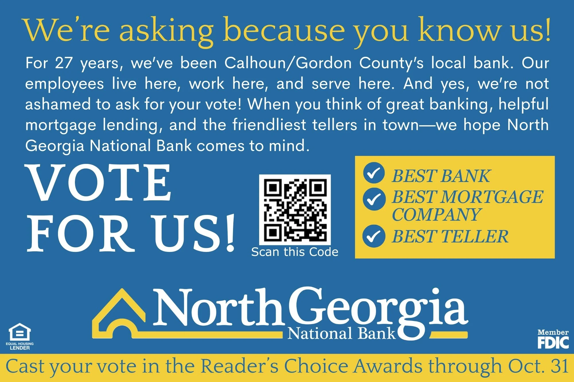 🗳️ It&rsquo;s that time again &mdash; Calhoun Magazine&rsquo;s Reader&rsquo;s Choice Awards!

We&rsquo;d be honored to have your vote for Best Bank, Best Mortgage Company, and Best Teller.
Your support means the world to us &mdash; thank you for tru
