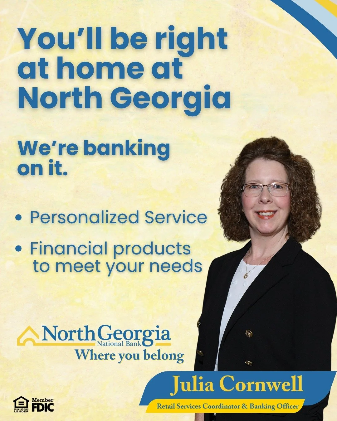 Meet Julia Cornwell, one of our friendly faces here at North Georgia National Bank &mdash; where banking feels like home. Julia works at our Red Bud office.💛

We believe relationships matter, and our team is here to make you feel welcome, supported,