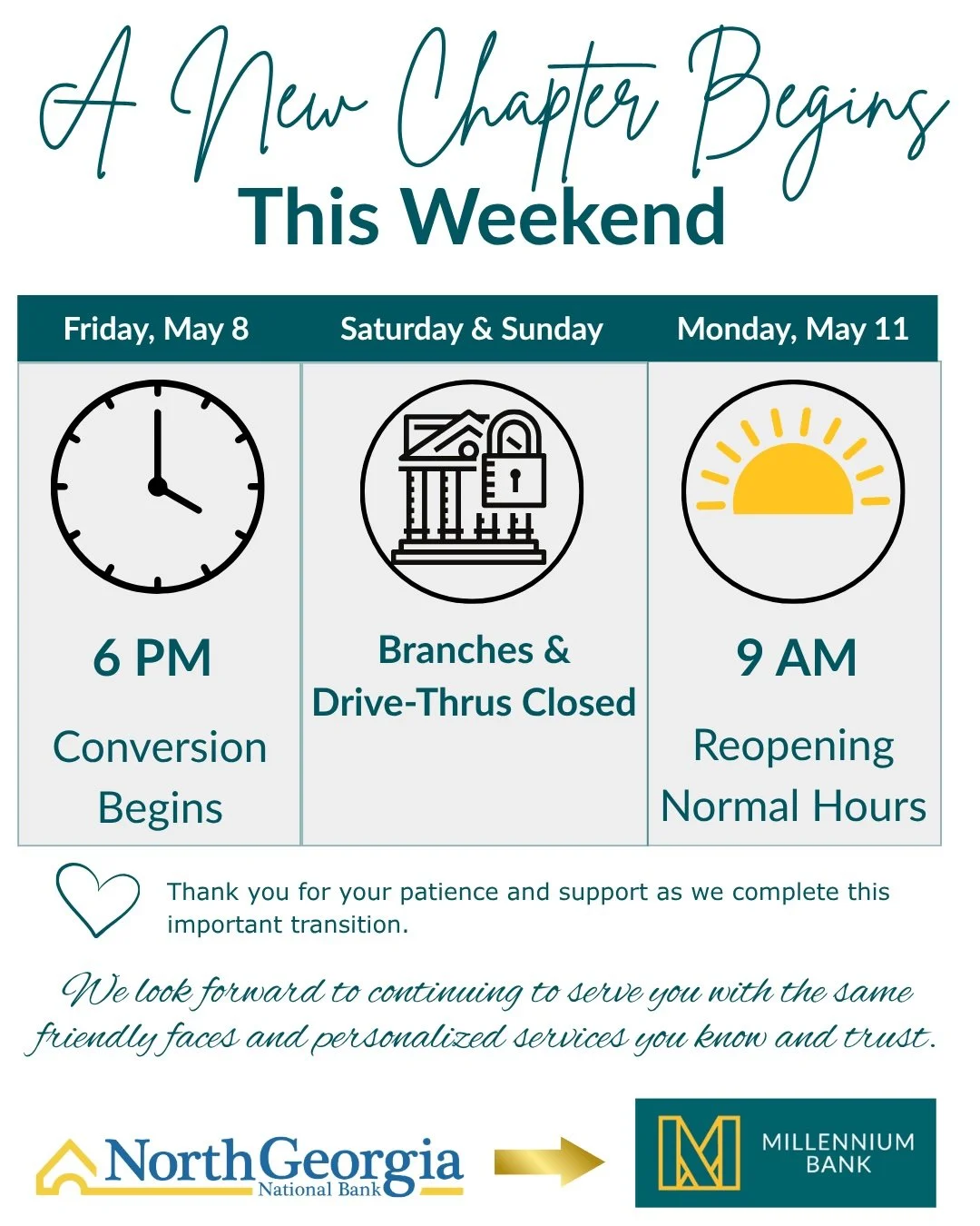 This weekend marks an exciting step forward as North Georgia National Bank officially transitions to Millennium Bank systems. 

Starting today at 6:00 PM, our team will begin the conversion of North Georgia National Bank systems to Millennium Bank. O