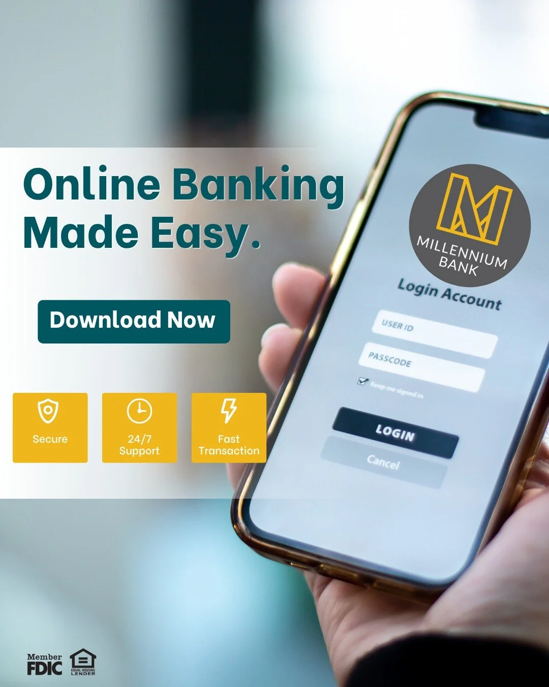 Life doesn&rsquo;t stop when the bank closes&mdash;and with Mobile &amp; Online Banking from Millennium Bank, your banking doesn&rsquo;t have to either.

Check balances, transfer funds, pay bills, deposit checks, and manage your accounts anytime, any