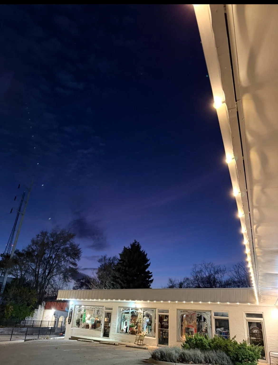 Night view of a small retail store with string lights along the roofline and large display windows, surrounded by trees, with a dark blue sky overhead.