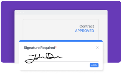 Digital tablet displaying a contract with an 'Approved' stamp and a signature field