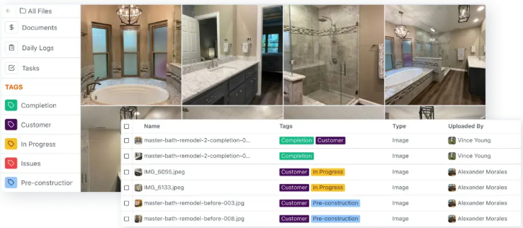 Collection of photos showing a bathroom renovation, including a whirlpool bathtub, vanity with sink, tiled shower, and bathroom with cabinets and mirror, along with a project management screenshot of renovation progress notes and images.