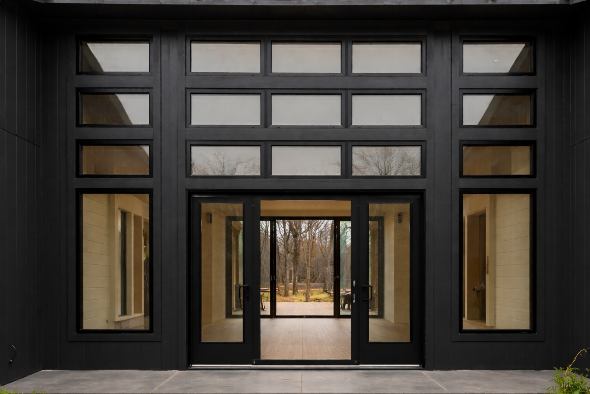 Modern building entrance with large black-framed glass doors and windows, showing trees outside.
