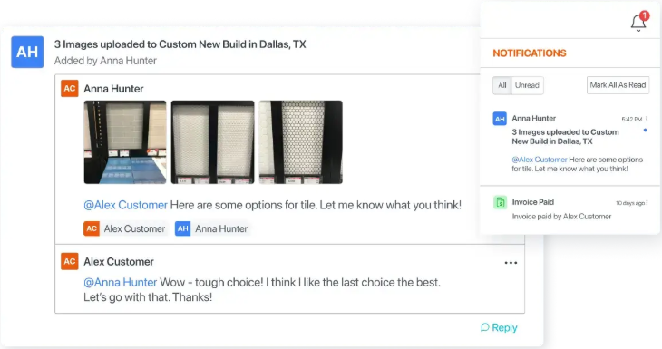 Screenshot of a conversation about tile options with images of three different tile samples and a notifications panel in the corner.