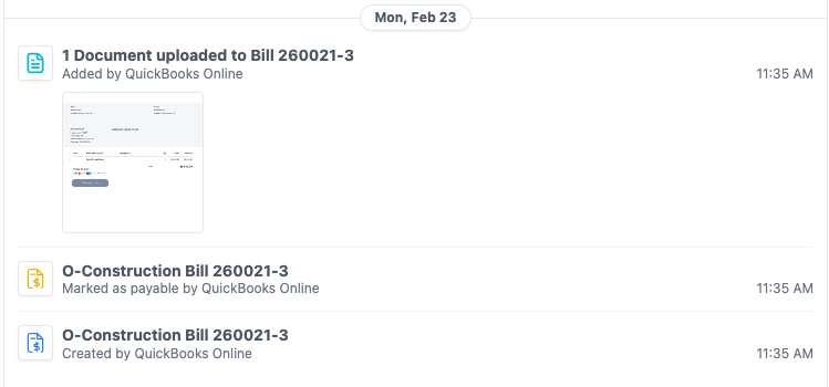 Screenshot of a QuickBooks Online transaction history showing a document upload titled 'Bill 260021-3', marked as payable, and created on February 23 at 11:35 AM.