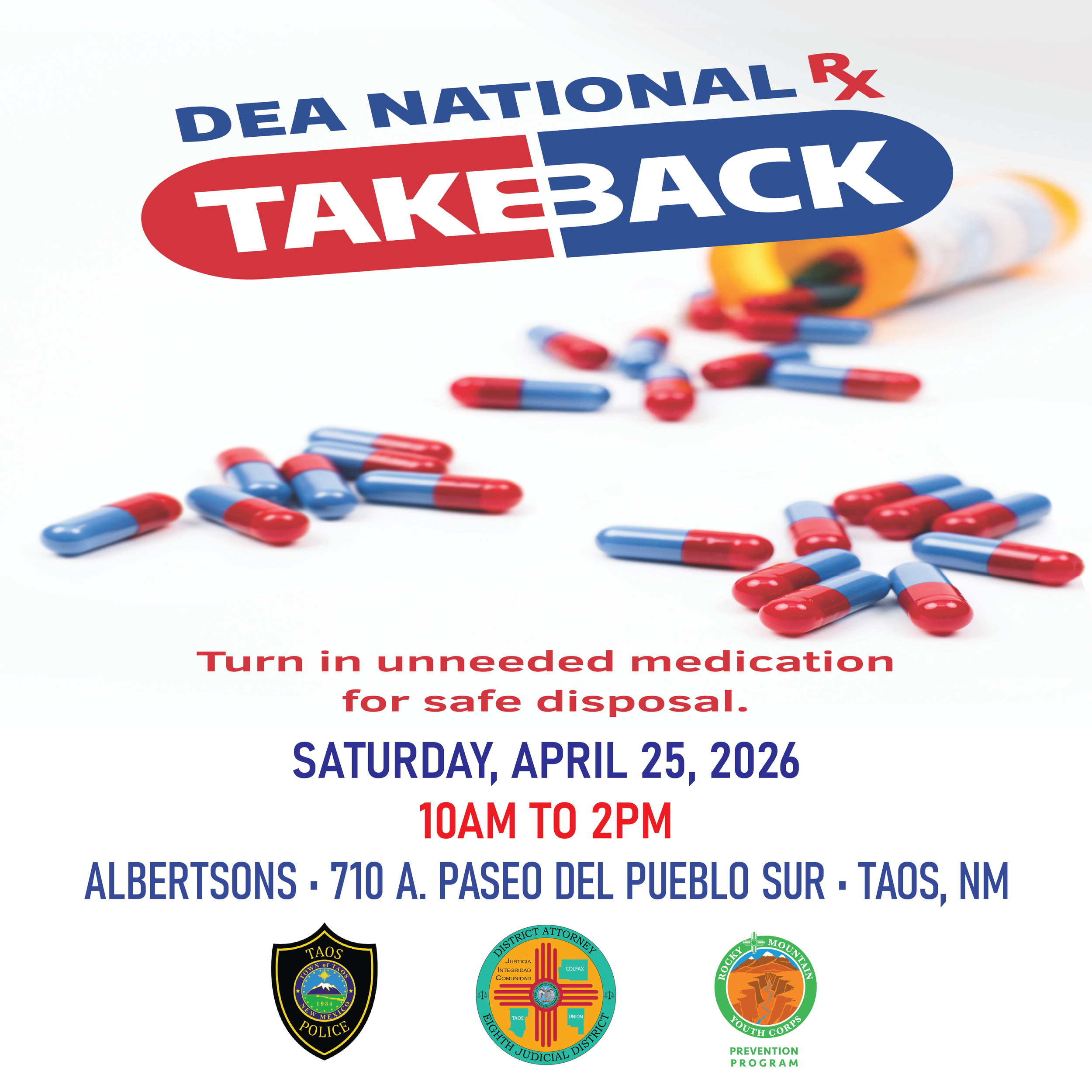 District Attorney’s office, Taos Police Department &amp; Rocky Mountain Youth Corps Prevention Program Collab on Collection Site for National Prescription Drug Take Back Day in Taos on April 25