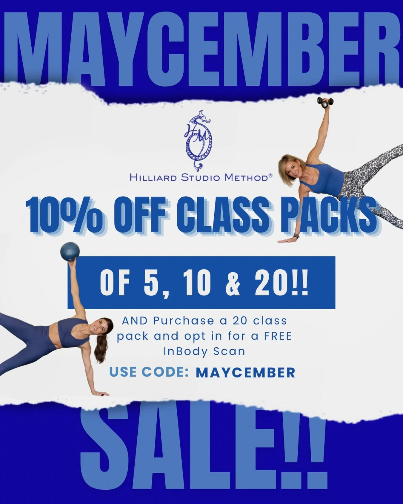 Our MAYCEMBER SALE is here! Reset before summer starts! 
✨ 10% off all 5, 10, and 20 class packs
✨ May 17-25th only
✨ Opt in for a FREE InBody scan with any 20 pack purchase

Use code MAYCEMBER at checkout. Stock up and save!