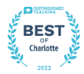 Badge with text 'Distinguished Teaching Best of Charlotte 2022' with blue laurel wreath design.