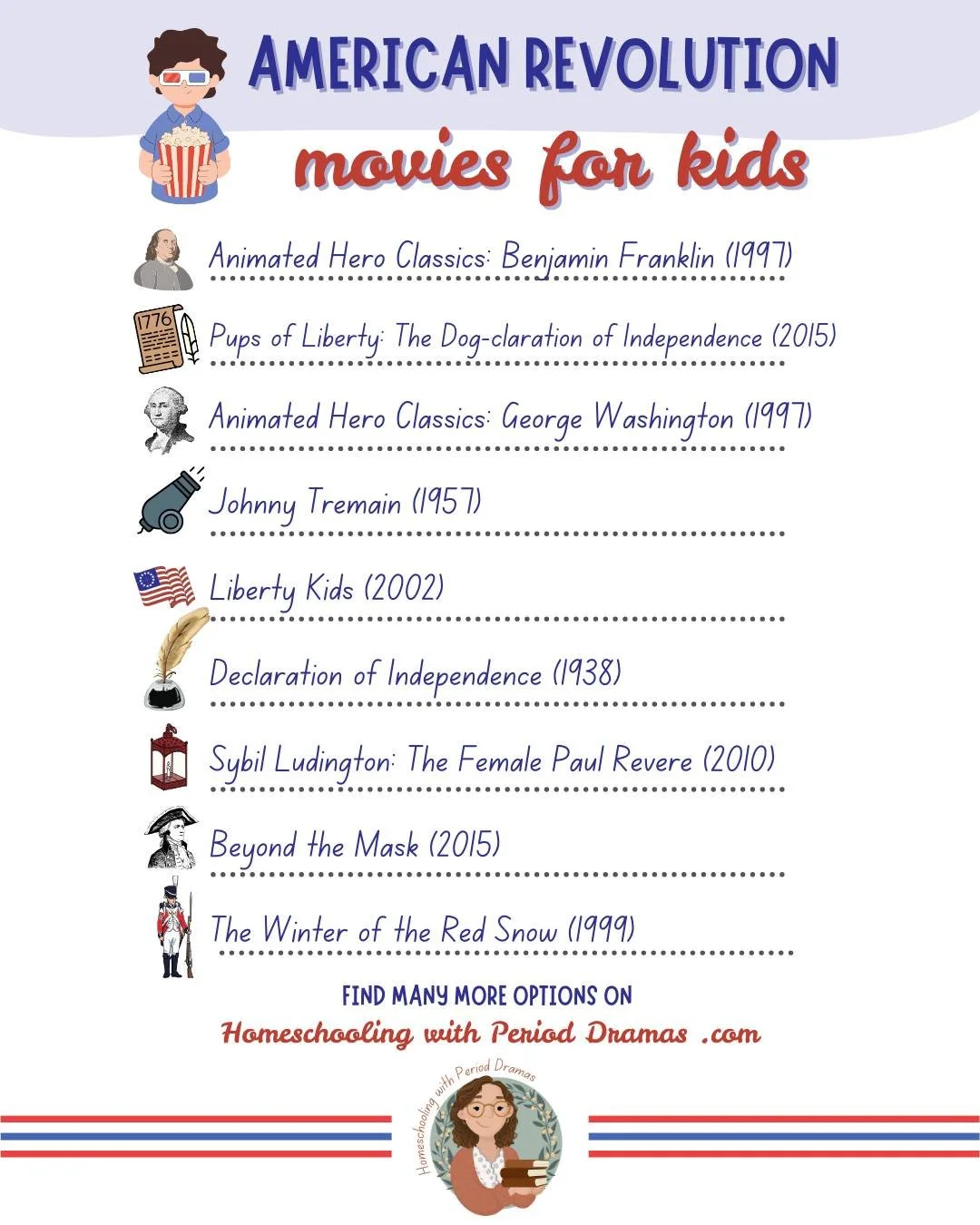 ✨ Are you studying the American Revolution with your kids this year? Comment "REVPRINT" (no spaces) and I'll send you the link to my printable list of American Revolutionary War movies for kids.