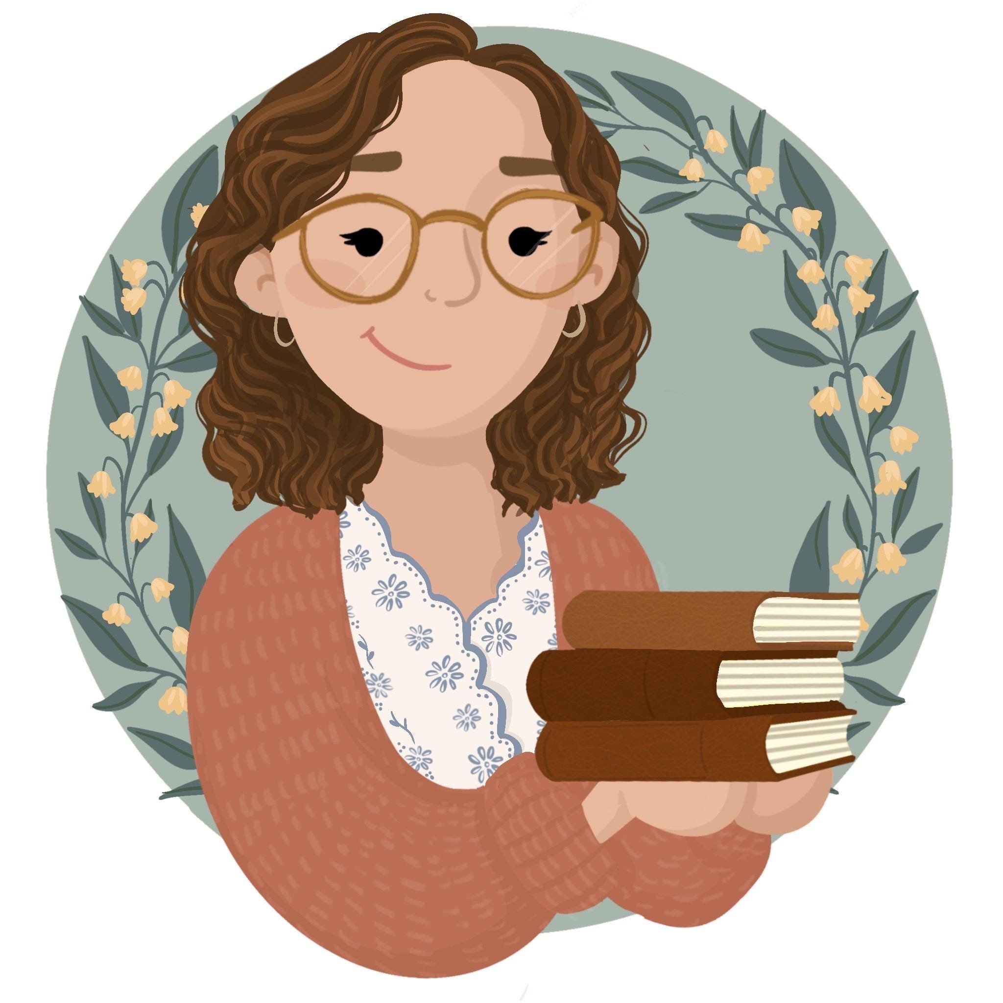 Illustration of a woman with curly auburn hair and glasses holding three books, standing in front of a circular background with yellow flowers and green leaves. Homeschooling with Period Dramas Logo.