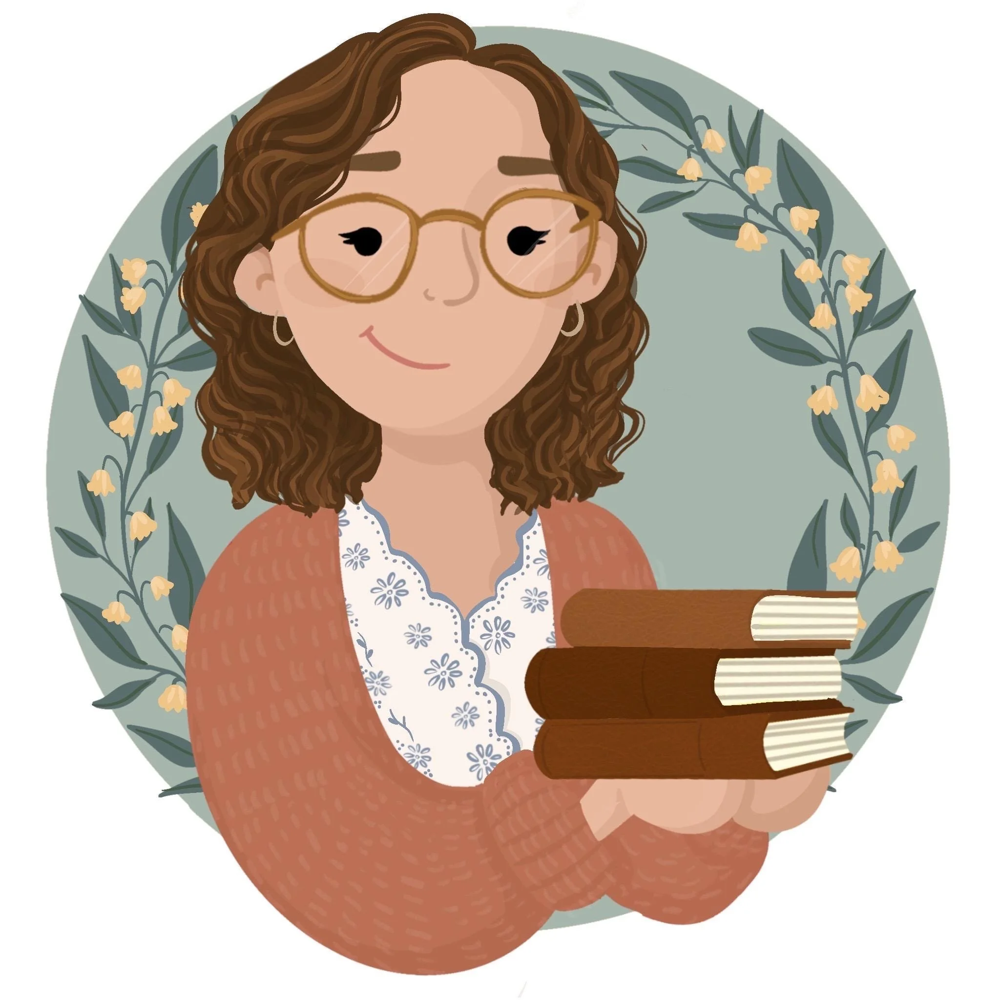Illustration of a woman with curly auburn hair and glasses holding three books, standing in front of a circular background with yellow flowers and green leaves. Homeschooling with Period Dramas Logo.