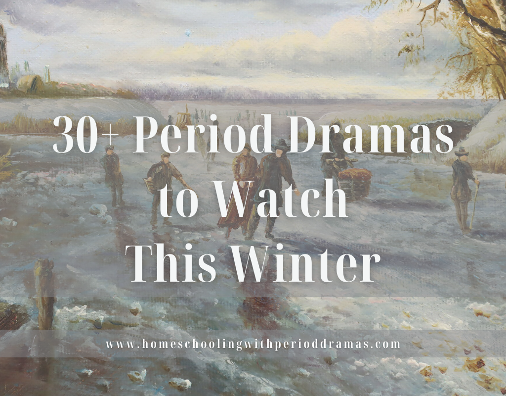 30+ Cozy Period Dramas to Watch This Winter - A vintage winter painting with people ice skating on a frozen pond.