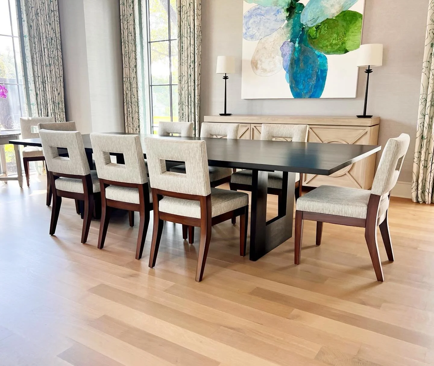Realizing just today that I never posted this table we built for @carey_and_4hildys. Dark stained maple looks perfect with the amazing chairs. Don&rsquo;t even get me started on the room itself&hellip;so great with the giant windows. This was only on